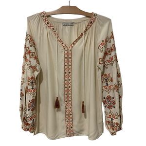 by ESQ | Top Embroidered Floral Cream V Neck Long Sleeve- Size XS